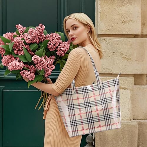 Image of KALIDI PVC Zipper Tote Bag, Jelly Kraft Paper Beach Bag Large Hobo Carry All Travel Shopping Handbag Plastic Shoulder Bag