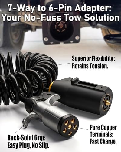 GLUWPA 7-Pin to 6-Pin Trailer Adapter, 10ft Waterproof Coiled Cord. This 7-Wire to 6-Wire RV Trailer Wiring Extension Stretches to 10feet, Includes Female Socket & mounting Bracket.