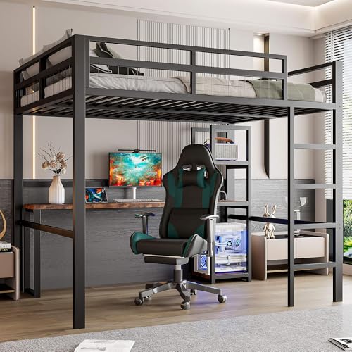 MQGPM Cama alta de 140 x 200 cm con escritorio y estantes, litera de metal con espacio de almacenamiento y protección anticaídas, marco de cama con somier, cama para adultos, adolescentes y niños
