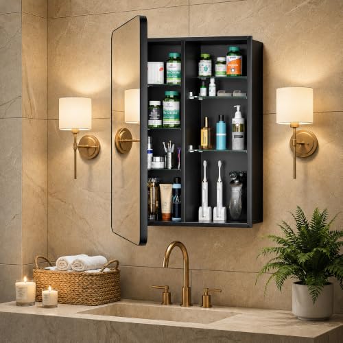 Image of 24x32 Black Medicine Cabinet with Mirror, Recessed & Surface Mount