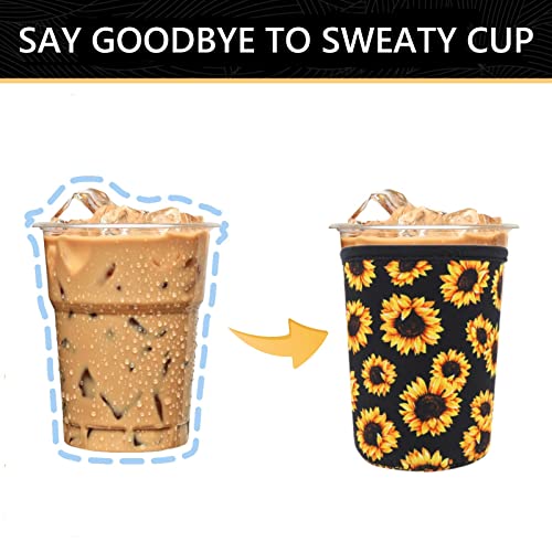 Image of YR Reusable Neoprene Insulator Sleeve for Iced Coffee Cups, 3 Pack Coffee Coolies sleeves for Iced & Hot Drinks, Cold Beverage Cooler Compatible with Starbucks Coffee and More (Sunflower)