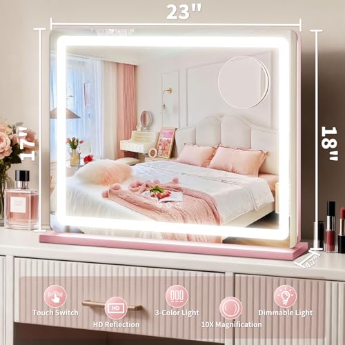 Image of ROLOVE Pink Makeup Mirror with Lights, 23x18 Inch - 3 Color Modes, Dimmable LED Light up Mirror with 10X Magnification - Pink Vanity Mirror Wall&Tabletop Mount for Teen Girls