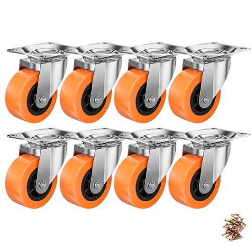 2 Inch Casters, ASHGOOB Caster Wheels/Casters Set of 8, 360° Swivel Universal Plate Caster Wheels for Storage Box/Small Furniture/Kitchen Appliances, Orange Polyurethane (PU) Castors (8 Pack)