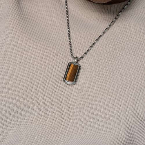 RTZN® Tiger Eye Necklace for Men – Premium Artisan Dog Tag Mens Tiger Eye Necklace Pendant with Stainless Steel Box Chain 22" Inch + 2" Extension2