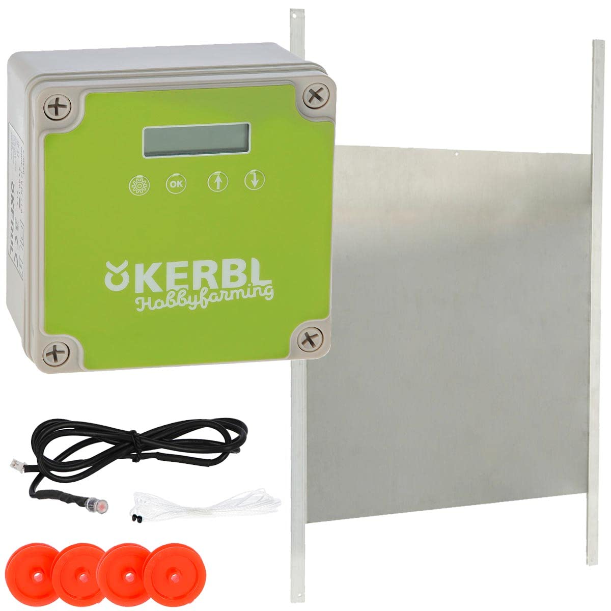 Kerbl, sportello automatico per pollaio con cursore, 43 x 40 cm, apriporta con sensore di luce, timer e manuale, porta di sicurezza per pollo, funzione di ritenuta integrata