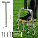 Qdreclod Lawn Aerator Stainless Steel, Manual Core Aerator with 4 Hollow Tines & T-Handle for Compacted Soil, Clay & Sandy Soil, Anti‑Clogging Weed Puller, Garden Tool for Grass Aeration