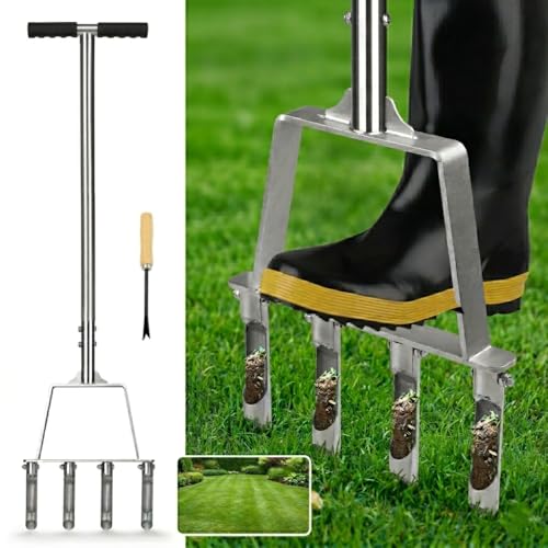 Lawn Aerator Stainless Steel Manual Core Aerator with 4 Hollow Tines & T-Handle for Compacted Soil Clay & Sandy Soil AntiClogging Weed Puller Garden Tool for Grass Aeration