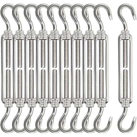 Lsqurel Turnbuckle 10pcs 304 Stainless Steel Turnbuckle Hook and Hook Heavy Duty Tensioner Adjustable Shade Sail Hardware for Tightening up Metal Cable Wire 5/32 1/4 5/16 3/8 1/2" Cover