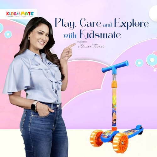 Image of Kidsmate Chhota Bheem Kick Scooter with Broad LED PVC Wheels | Non-Slip Wide Deck with Push Brake Kids Scooter for Age 3+ Yrs | 4-Level Height Adjustable | Max User Weight 50Kg - Blue