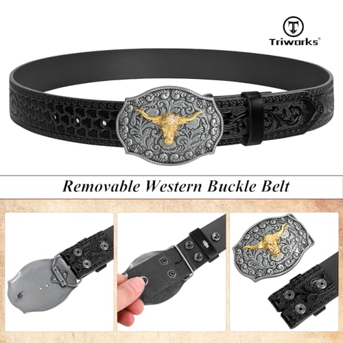 Western Cowboy Cowgirl Belt for Men Western Buckle Belt 1.5" Wide Floral Engraved Embossed Leather Belt2