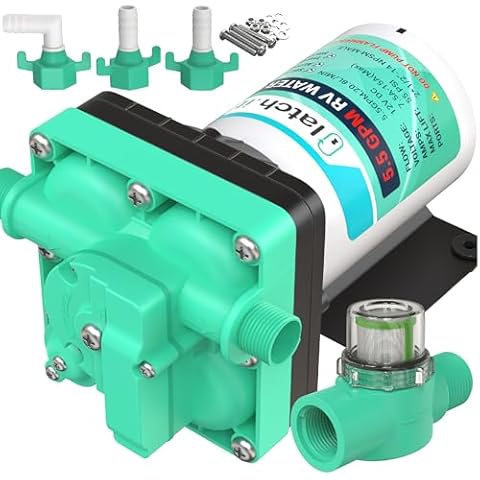 LATCH.IT RV water pump 12V | 5.5GPM 55PSI Camper Water Pump | 7A 12 Volt Water Pump RV | Self Priming 12V Water Pump with Pressure Switch | 12V RV Water Pump | RV Pump Filter & Fittings Included! Cover