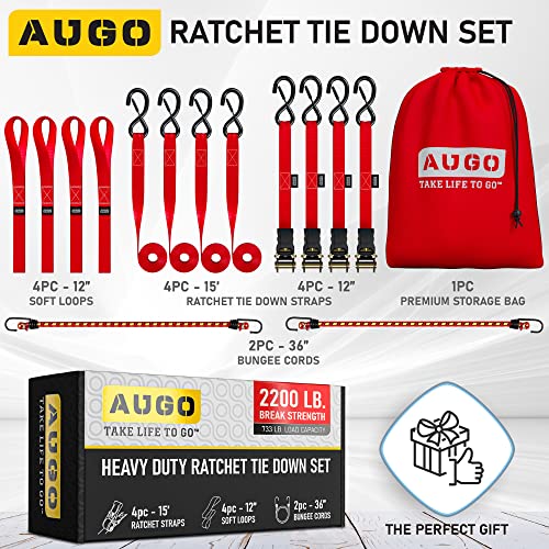 Image of AUGO Ratchet Straps Heavy Duty 8 Pack -15 FT - 2200 LB Break Strength - with Safety Lock S Hooks - Cargo Straps for Moving, Appliances, Motorcycle - Soft Loop Tie Downs