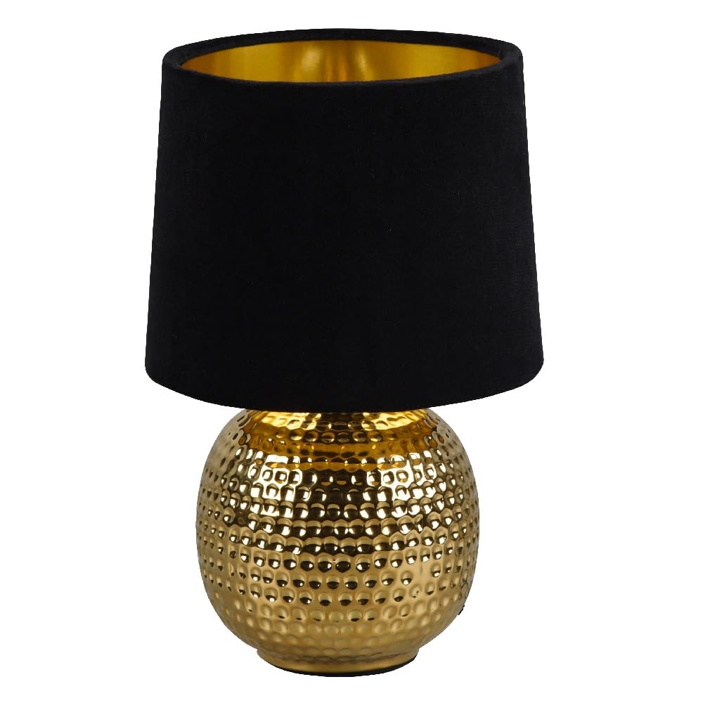 Britalia Black Velvet Gold Ceramic Vintage Hammered Globe Table Desk Lamp With Shade | 26Cm Height | 1 X Ses E14 Lamp Bulb Required | Uk Approved | Retro Design | Tapered Drum Lampshade