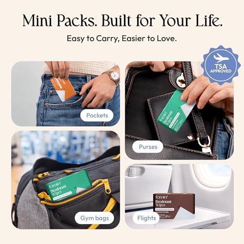 Image of FOMIN Acidified Mini Deodorant Travel Wipes - 72 Count Variety Pack | pH Balanced, Biodegradable Mini Deodorant Wipes - Plastic-Free Underarm & Body Wipes for Women & Men - Fits Any Bag