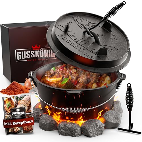 GUSSKÖNIG dutch oven Cocotte Fonte Barbecue - Cocotte Émaillée 4,5L avec Pieds - Chaudron en fonte - Double Fonction - Marmite fonte-Marmite feu de bois, Inclus : Brosse & Livre de Recettes[1-3 Pers.]