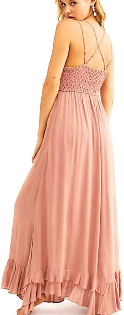 Free People Adella Sleeveless Maxi Slip Dress for Women - Plunging V-Neckline and Strappy Detail at Back with Adjustable Spaghetti Straps Rose SM One Size