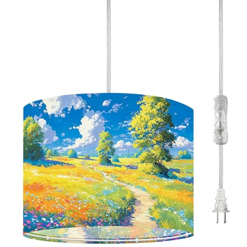 Plug in Pendant Light Sunlit Wildflower Meadow Landscape Winding Blue