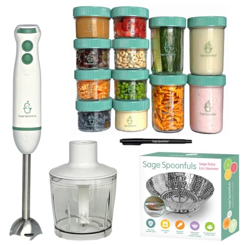 Image of Baby Food Maker, SAGE SPOONFULS 17-Piece Baby Food Processor Set for Baby Food, Fruit, Vegetables, Meat, Baby Food Blender with Glass Baby Food Containers, Baby Food Steamer Basket and Erasable Marker
