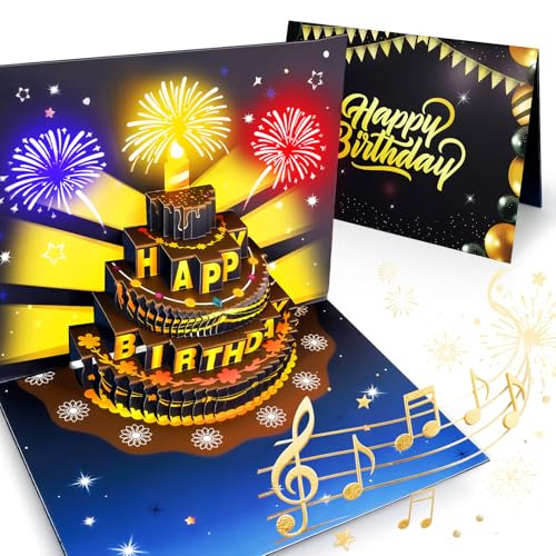 Biglietto di Auguri di Compleanno con Musica e Luci, Biglietto Pop Up 3D con Torta e Candela LED da Soffiare, Suona Tanti Auguri, Regalo per Lei e Lui