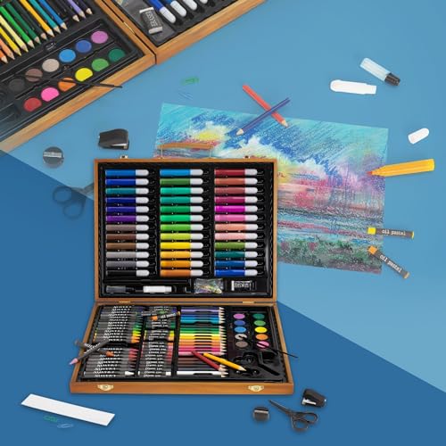 ECD Germany Estuche de Pintura 150 Piezas Maletín Portátil de Madera para Dibujo Artistico Principiantes y Profesionales Caja Completa con Rotuladores, Lápices, Ceras, Acuarelas y otros Accesorios