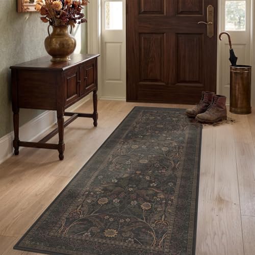 2x5 Small Runner Rug for Kitchen - Non Slip Brown Throw Rugs for Entryway, Laundry, Bathroom, Southwestren Floral Cabin Bedroom, Hallway Thin Stain Resistant Carpet