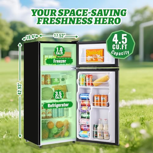 DEMULELR 4.5Cu.ft Refrigerator with Freezer Two Door Fridge with Removable Glass Shelves, Crisper Drawer & Extra Drink Space, LED Light, Apartment Size Fridge for Dorm Silver - Image 3