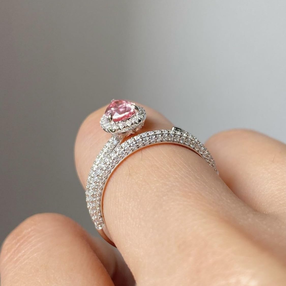 Mnyixsi 925 Sterling Silver Pink Diamond Ring for Women, Handmade Dainty Cubic Zirconia Promise Halo Engagement Ring, Austrian Crystals Stackable Statement Ring for Wedding Cocktail Size 8 - Image 7