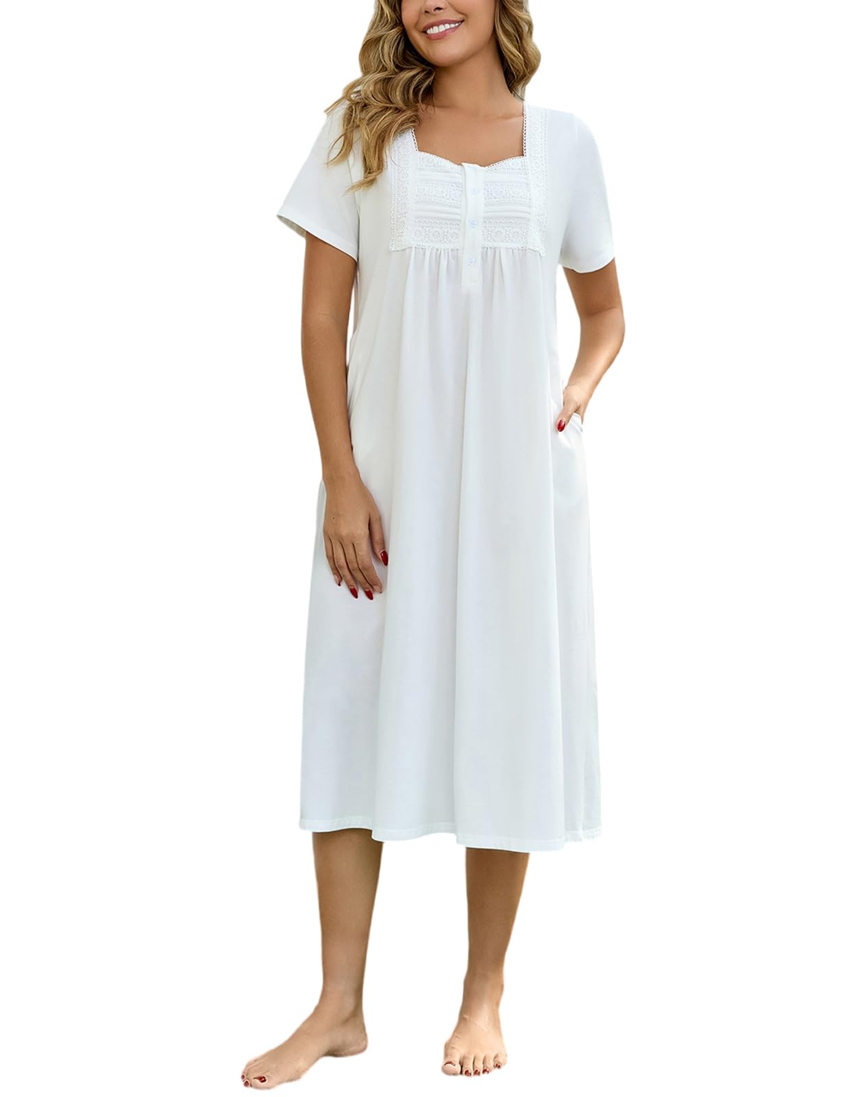 Rubehoow Chemise de nuit victorienne à manches courtes pour femme, robe pyjama vintage en coton doux avec poches