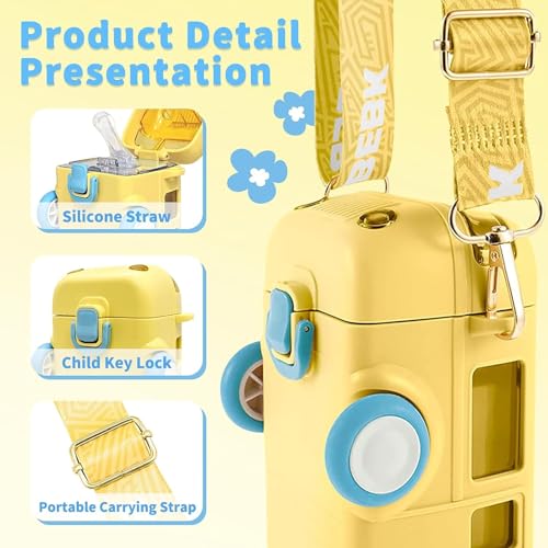 Image of Bus Water Bottle for Kids with Strap, Sipper, and Straw Leakproof, Tritan Water Bottle for School Kids 500ml - Blue,Water Bottle for Girls and Boys (Yellow)