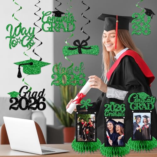 Image of Graduation Decorations 2026 - Green Congrats Grad Party Supplies Include Glitter We are So Proud of You Banner, Hanging Swirls and Honeycomb Centerpieces for Photo Toppers