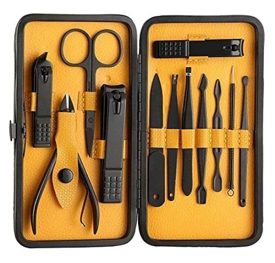 Essentials Manicure Set | Stainless Steel Nail Clippers & Nail Scissors Grooming Kit | Acne Needle & Blackhead Remover Tool | Professional Pedicure Kit with Leather Travel Case (Yellow)