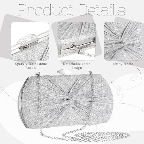 Blosssound 4 Pcs Silver Clutch Purse Jewelry Set for Women Includes Rhinestone Purse Silver Hand Bag Crystal Necklace Earrings Bracelets for Bridal Wedding Evening Party Accessories3