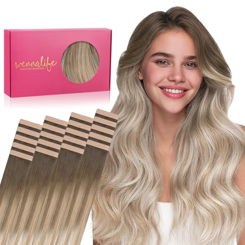 Image of WENNALIFE Tape in Hair Extensions Human Hair, 20pcs 30g 10 inch Balayage Sandy Brown to Platinum Blonde Remy Hair Extensions Straight Human Hair Tape in Extensions Skin Weft Tape Extensions Human Hair