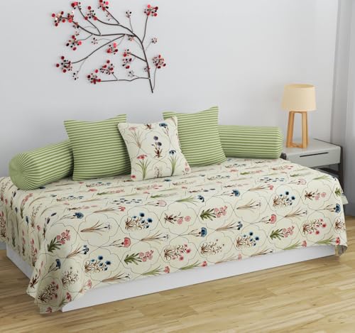 Image of Pure Cotton Designer Printed Standard 6 Pieces Diwan Set Bedsheet Covers (1 Single Bedsheet, 2 Bolster Covers, 3 Cushion Covers, Multicolor Floral)