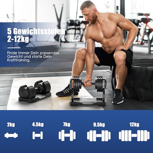 12kg verstellbare Hanteln 2 bis 12 KG mit 5 Gewichtsstufen, Kurzhanteln Set mit Hantelscheiben, Kurzhanteln verstellbar, variable Gewichte 5 in 1, 2er Set – Bild 3