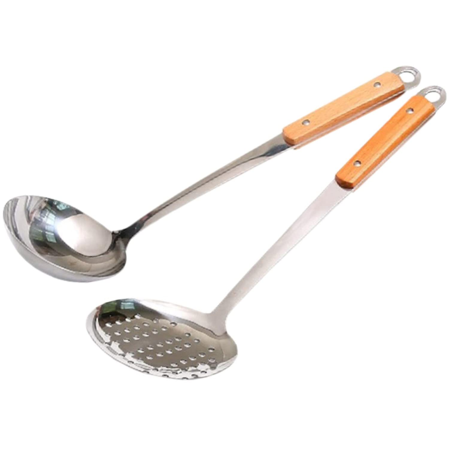 HEXONIQ® Stainless Steel Kitchen Utensil Set, Steel Plain Skimmer & Ladle with Long Heat Resistant Wood Handle, Set of 2