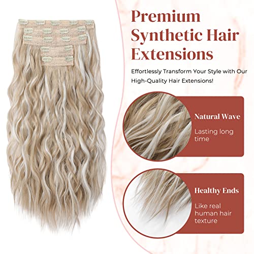 Clip In Hair Extensions，Lonai 5Pcs Hair Extensions For Women，20 Inch Thick Long Wavy Curly Hairpiece-Light Blonde With White Blonde Highlights #TOP3