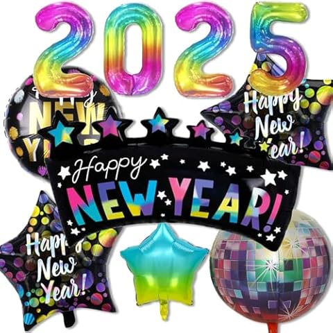 New Years Balloons,13 Pcs Happy New Year Balloons, Colorful New Years Eve Party Supplies 2025 New Years Decorations includs Rainbow 2025, Disco Ball Balloons and New Years Balloons for New Year Party Cover
