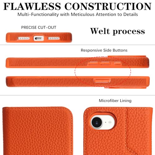 Image of Detachable Genuine Leather Case for iPhone 16e / iPhone 17e Wallet Case Magnetic 2in1 Removable Flip Cover Book Purse Compatible with Magsafe Charging Kickstand Card Holder-Orange