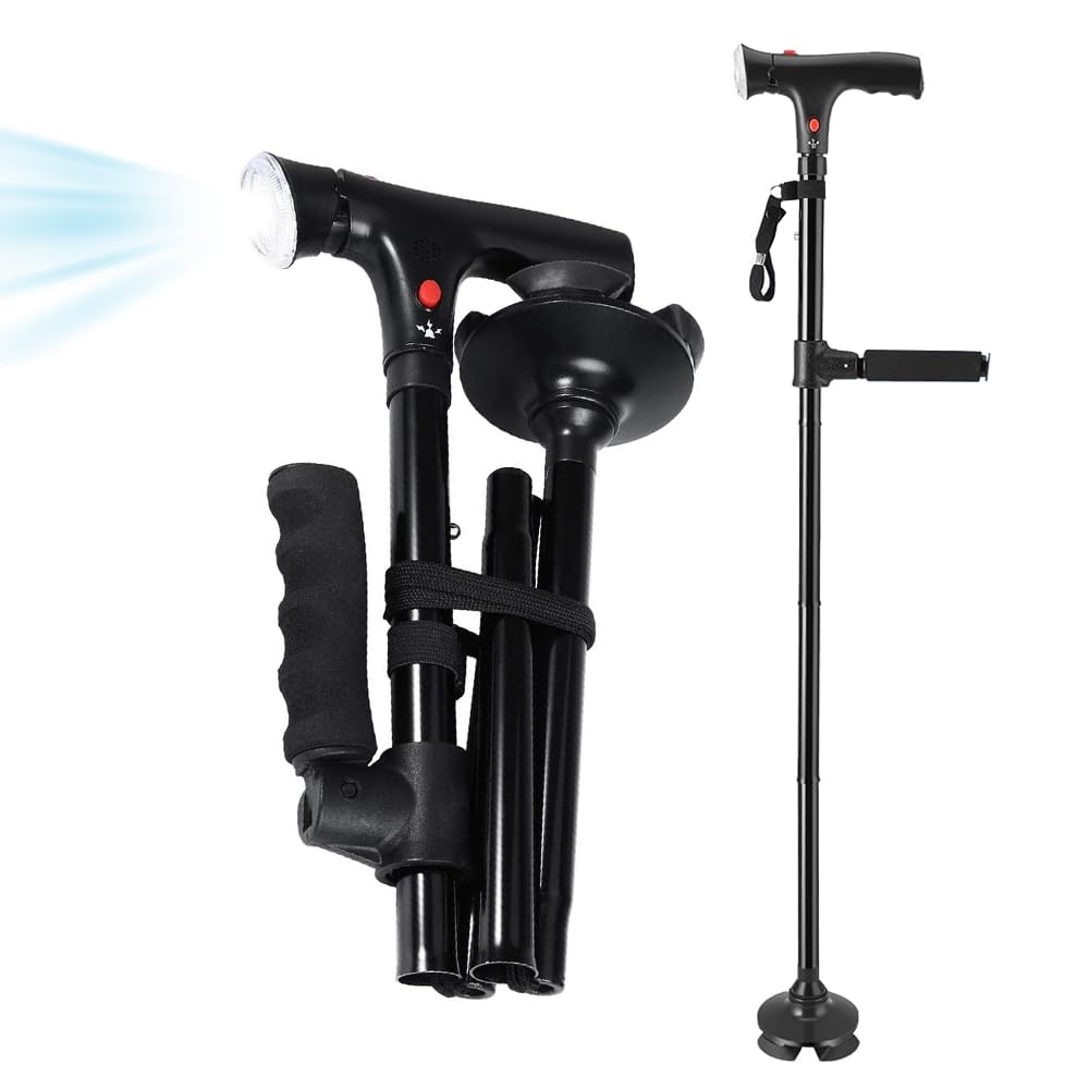 Bastone da passeggio pieghevole, con luce a LED e allarme, portatile, leggero, pieghevole, per uomini e donne, impugnatura ergonomica, base quadrupla, uso quotidiano per anziani e adulti