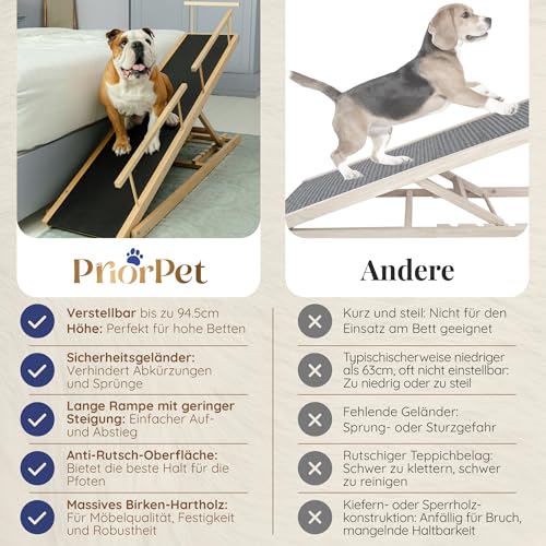 Hunderampe Bett PRIORPET aus Birkenholz mit Sicherheitsgeländer - Höhenverstellbare hundetreppe für Betten bis zu 94.5cm - Klappbar - Anti-Rutsch-Griff - Für kleine Hunde bis zu 23kg - Naturel