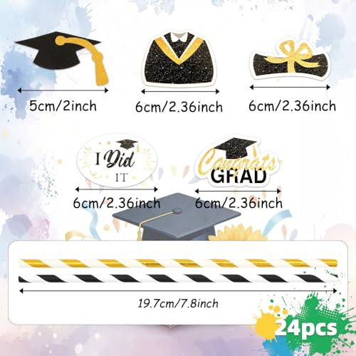 24 pitillos de papel para graduación negro y dorado miniatura 2