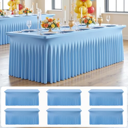 Image of 6 pk Baby Blue Spandex Tablecloth 6ft with Ruffle Skirt, Wrinkle Free High Stretch Fitted Tablecloths for 6 Foot Rectangle Tables, Blue Eastic Spandex Table Covers 6ft for Parties Banquet Weddings