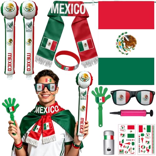 2026 Soccer Fan Support Kit 11pcs, Merch for Fans Accessories, Flag, Scarf, Glasses, Cheering Sticks, Clapper & Face Painting, Fan Gear for Match Day & Parties (Mexico)