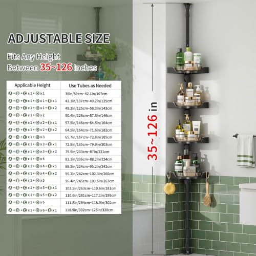 Image of akinbas 360 Rotating Shower Caddy Tension Pole with 4-Tier Rustproof Lazy Susan 35-128 Inch No Drilling Coner Shelves Adjustable Shower Rack for Bathroom Bathtub Washbasin Plant Storage (Black+Gold)