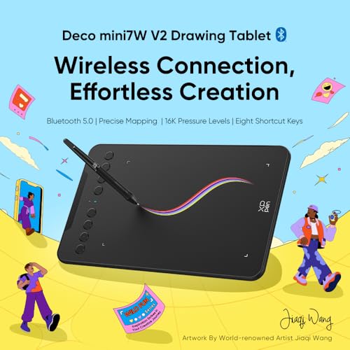 Image of XPPen Deco mini7W V2 Wireless Drawing Tablet, 16384 Levels Pressure Digital Drawing Pad for PC, 7x4.37 Inch Art Tablet with 8 Shortcut Keys, Bluetooth 5.0, Support Windows /macOS /Android /ChromeOS /Linux