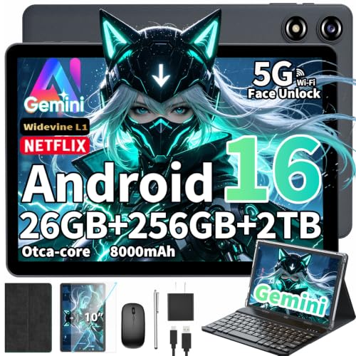 Image of YOBANSE 10 Inch Tablet, Android Tablet with Keyboard, 24GB RAM + 256GB ROM (2TB Expand), Tablets PC with 8-Core, Gemini AI, 5G WiFi, 8000mAh, BT5.0,GPS, 2-in-1 Tablets with Mouse, Case, Stylus,Black