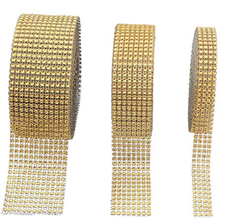12 Row 10 Yard,8 Row 10 Yard,4 Row 10 Yard Gold Diamond Rhinestone Mesh Ribbon Bling Bling Wrap Bulk for Wedding Cakes, Birthday Decorations, Baby Shower Events,Party Supplies, Arts (Gold)