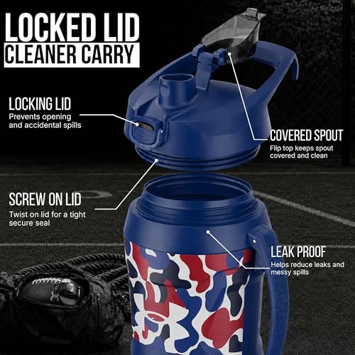 Image of Under Armour Insulated Water Bottle with Handle & Fence Hook, Half Gallon Sports Water Jug, Leak-Resistant & BPA-Free for Baseball, Football & Gym - Royal Hypercamo, 64oz