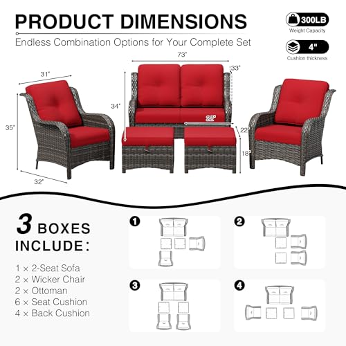 Image of Joyside 5 Piece Wicker Patio Furniture Set, Rattan Patio Chairs with High Back, Deep Seating, Wide Armrest, Thickened Cushions, Outdoor Furniture for Deck, Porch Use